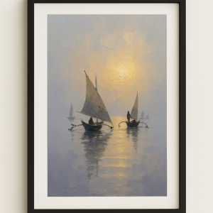 Pirogues au lever du jour – Brume d’aube